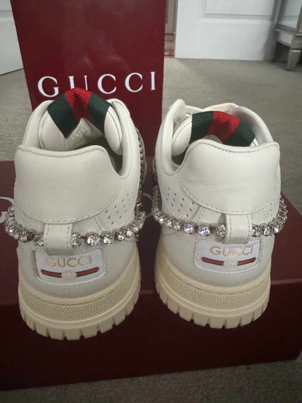 Gucci White Leather Sneaker with Crystal Chain